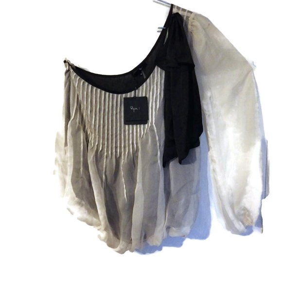Romantic RYU Blouse One-Shoulder Anthropologie Sheer Cream over Black MED - Picture 3 of 4